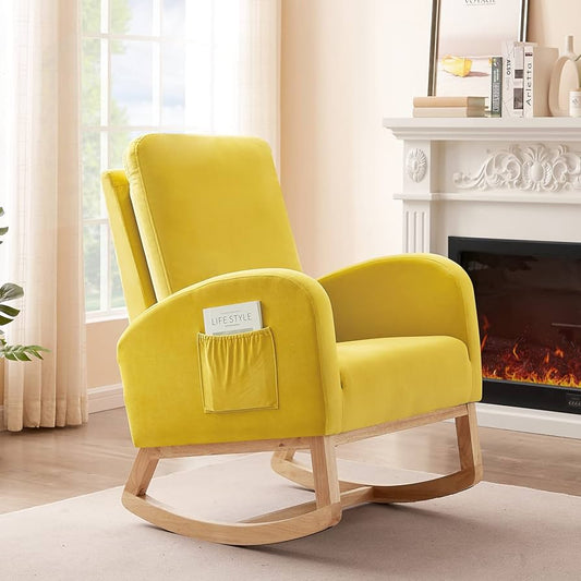 Rocking Chair for Nursery, Midcentury Modern Accent Rocker Armchair with Side Pocket, Upholstered High Back Wooden Rocking Chair for Living Room Baby Room Bedroom (Yellow - Velvet)