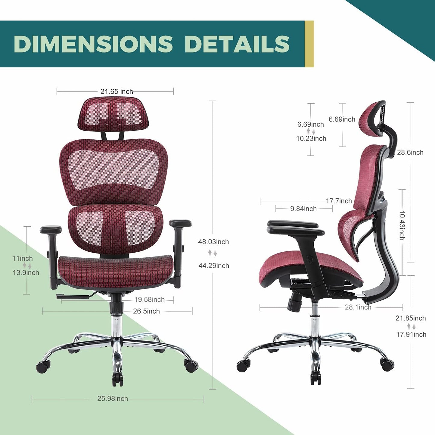 Ergonomic Red 47 '' Mesh High Computer Gaming Chair with 3D Lumbar Support and Wheels For Adult.