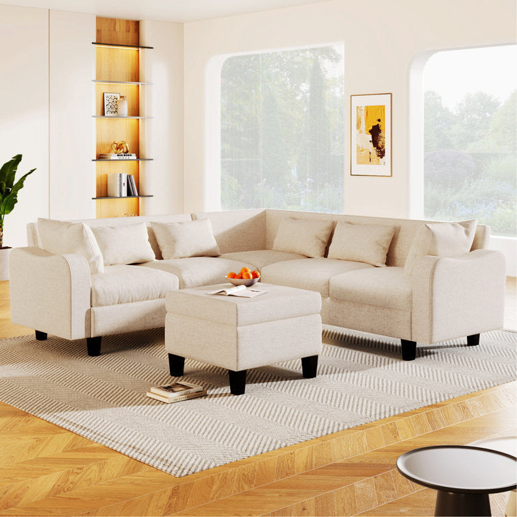 87" Modern Linen L Shape Sectional Sofa with Coffee Table,Sectional Couch with Storage Ottoman