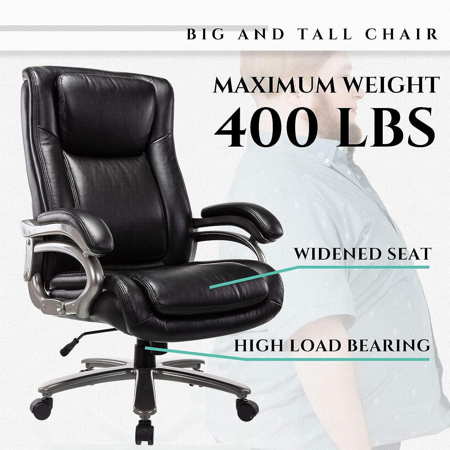 Big & Tall 400lb Office Chair - High Back Executive Computer Chair Heavy Duty Metal Base and Adjustable Tilt Angle Large Bonded Leather Desk Swivel Chair, Ergonomic Design for Lumbar Support