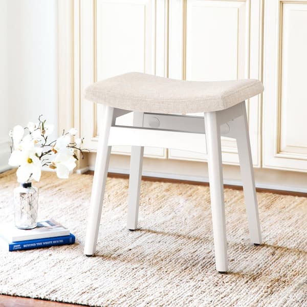Christine Linen Upholstered Ottoman Mid-Century Vanity Stool with Solid Wood Legs