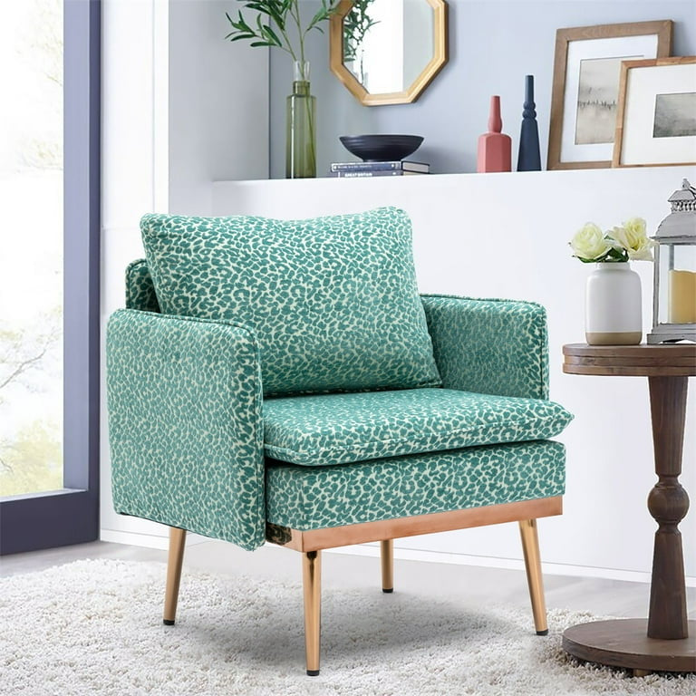 Living Room Accent Chair, Upholstered Chaise Lounge Chair with Armrest, Comfy Single Sofa Chair Reading Chair with Metal Feet for Home, Office, Apartment, Leopard Teal