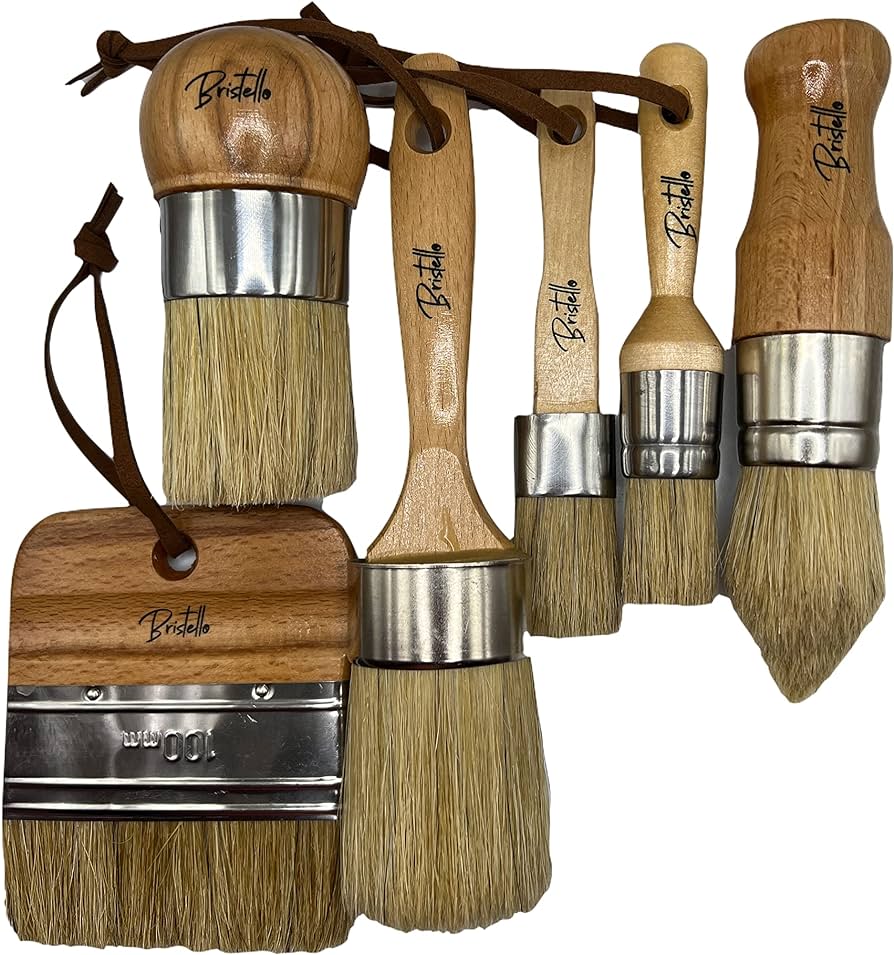 Bristello 6pc Big and Small Chalk and Wax Paint Brush Set. Flat Furniture Paint Brush, Round, Pointed and Oval Paint Brushes for Furniture. Stencil Brush, Milk Paint and Wax Paintbrush