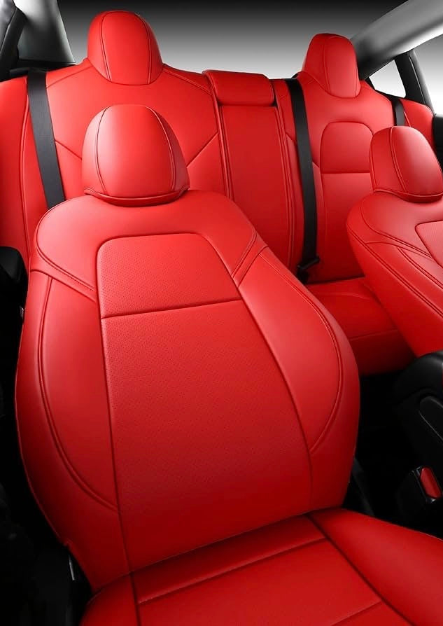 5 Seat Cover Custom Fit for Tesla Model 3 Synthetic Leather Car Seat Cushion Protector for 2017 2018 2019 2020 2021 2022 2023 Customized (Lichi Red Model 3)