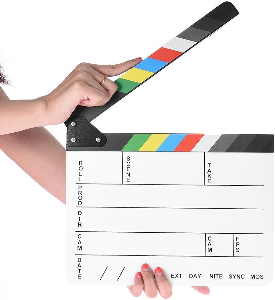 Professional Movie Directors Clapboard, Photography Studio Video TV Acrylic Clapper Board Dry Erase Film Slate Cut Action Scene Clapper with Color Sticks 9.6x11.7 inch/25x30cm, White