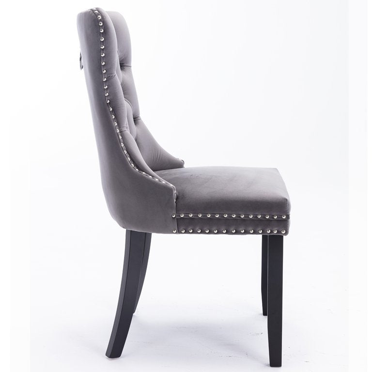 Velvet Fabric Dining Chairs Luxury Tufted Back with Nailed Trim and Back Ring Pull Home Kitchen Dining Room Chairs Armless Accent Side Chairs Solid Rubber Wood Legs.Grey