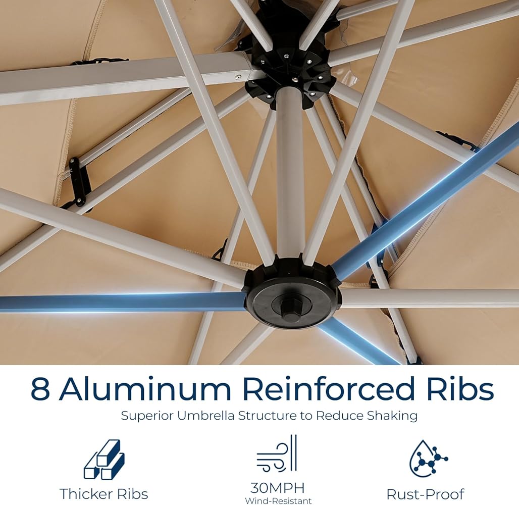 10x10FT Aluminum Cantilever Patio Umbrella - Large Offset Heavy-Duty Umbrella with 360° Rotation, Infinite Tilt, Double Top, 10-Year Rustproof, 5 Year Fade-Resistant for Outdoor, Pool, Beige