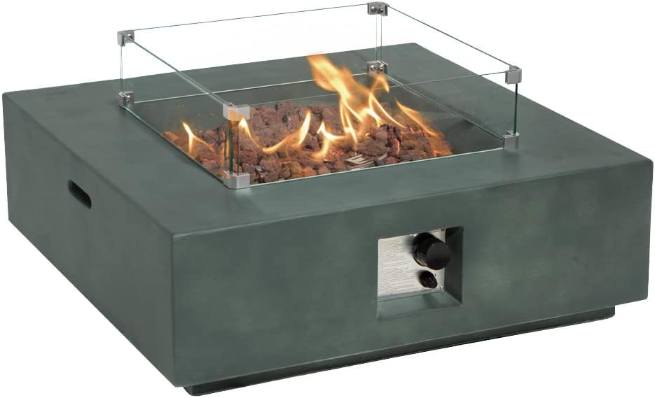 Outdoor Propane Fire Pit Coffee Table w Greyish-Green Square Faux Stone 35-inch Planter Base, 50,000 BTU Stainless Steel Burner, Wind Guard, Tank Outside and Rain