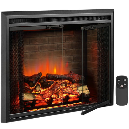 33" Electric Fireplace Insert EF45B, Fire Crackling Sound, Glass Door, Mesh Screen, 750/1500W, Black