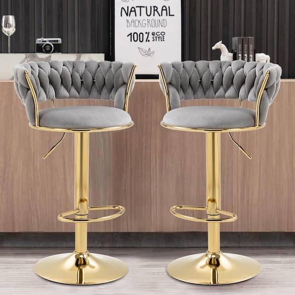 Set of 2 Modern Bar Stools, Stainless Steel Swivel, 360 Swivel Velvet Upholstered Adjustable Counter Bar Stool, Counter Gold High Chair, Rotation Kitchen Bar for Home Bistro, Grey