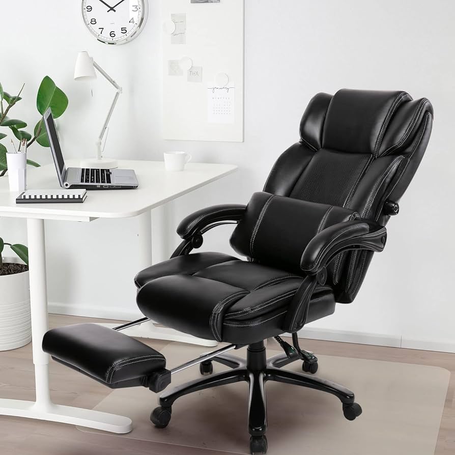 Big and Tall Office Chair with Footrest-Ergonomic Office Chair with Adjustable Backrest, Lumbar Support Pillow, Executive Computer Desk Chair Thick Bonded Leather for Comfort, 350LBS, Black