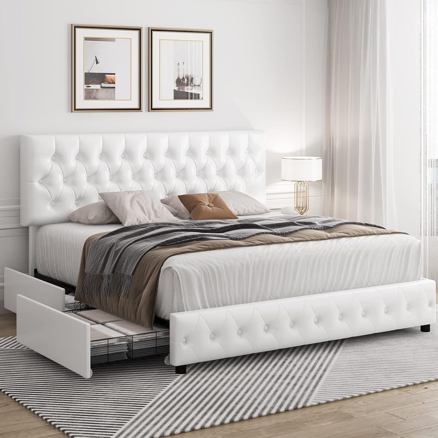 Modern Upholstered Bed Frame with 4 Drawers, Button Tufted Headboard Design, Solid Wooden Slat Support, Easy Assembly, Queen Size, White