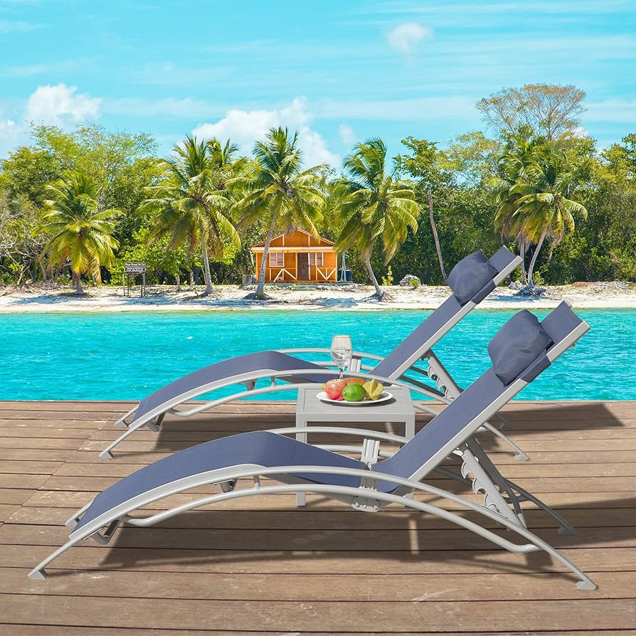 Pool Chairs Set of 3, Adjustable Aluminum Outdoor Loungers with Metal Side Table, All Weather