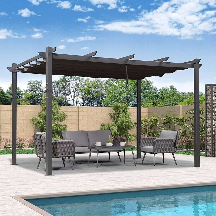 PURPLE LEAF 11' X 13' Outdoor Pergola with Retractable Canopy Aluminum Shelter for Porch Garden Beach Sun Shade Grape Trellis Pavilion Grill Gazebo Modern Backyard Deck Metal Patio Pergola Gray