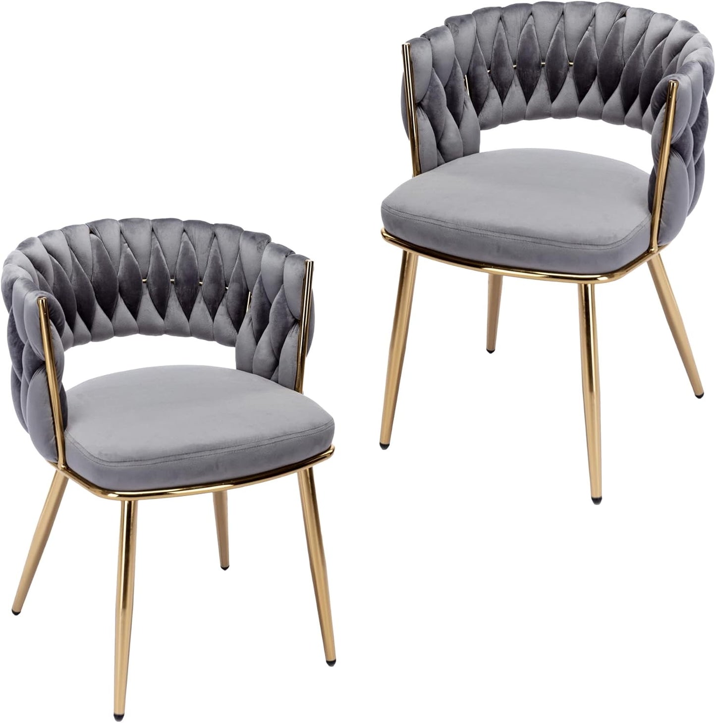 Velvet Dining Chairs Set of 2, Modern Side Chairs with Woven Back, Tufted Accent Chair with Comfortable Seat Sturdy Metal Golden Legs for Living Room, Kitchen, Bedroom, Light Grey