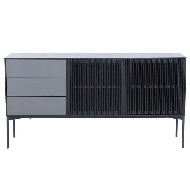Sideboard Cabinet with 3 Drawers & 2 Doors,Modern Kitchen Buffet Sideboard Storage Console Table with Metal Legs,Buffet Server Cupboard for Living Room Dining Room Entryway,Black