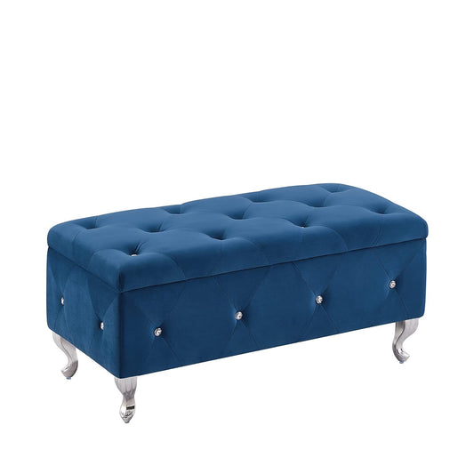 Home Storage Bench, Velvet Button and Diamond Design Bedside Stool, Suitable for Bedroom Entry and Living Room (Blue)