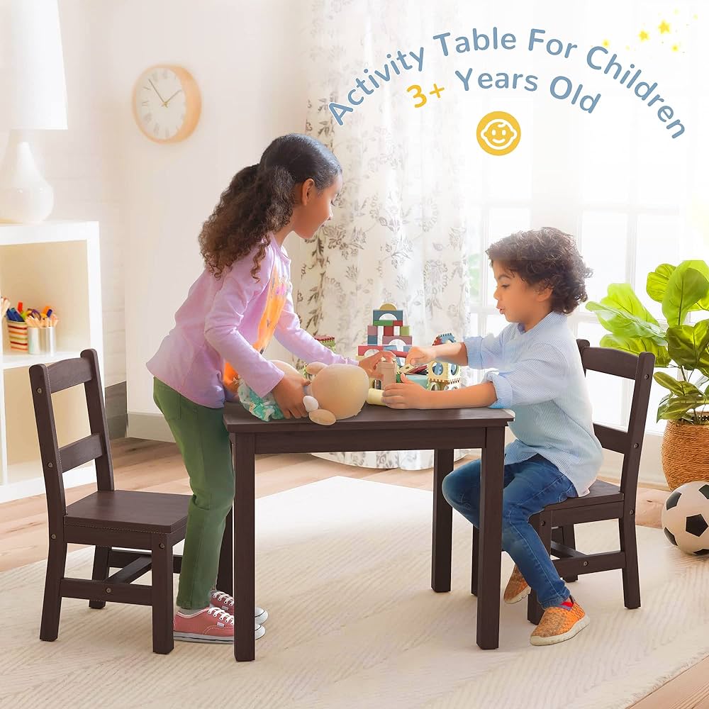 Rubberwood Kids Table and Chair Set(2 Chairs), Water Resistant Kids Table with Non-Slip Pad, Waterfall Edge Design, Easy to Clean, Children Gift for Boy, Girl in Bedroom, Playroom, Espresso