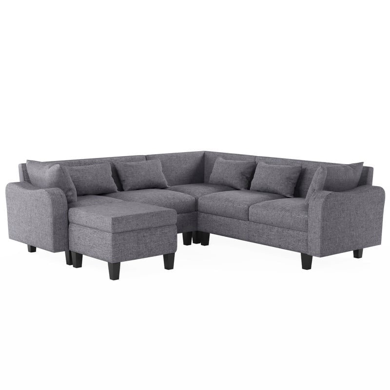 87" Modern Linen L Shape Sectional Sofa with Coffee Table,Sectional Couch with Storage Ottoman