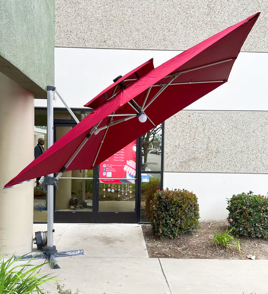 10X10” Solar Light,360 Degree Rotation. Double Top Deluxe Square Patio Umbrella Offset Hanging Umbrella Cantilever. Outdoor, Garden.With Cross Base. Bordeaux Red