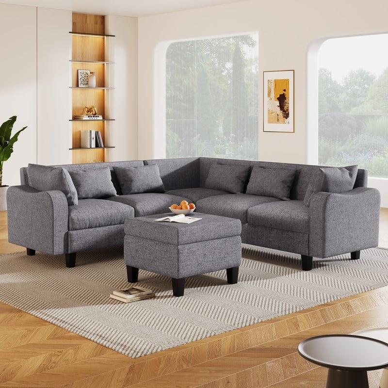 87" Modern Linen L Shape Sectional Sofa with Coffee Table,Sectional Couch with Storage Ottoman