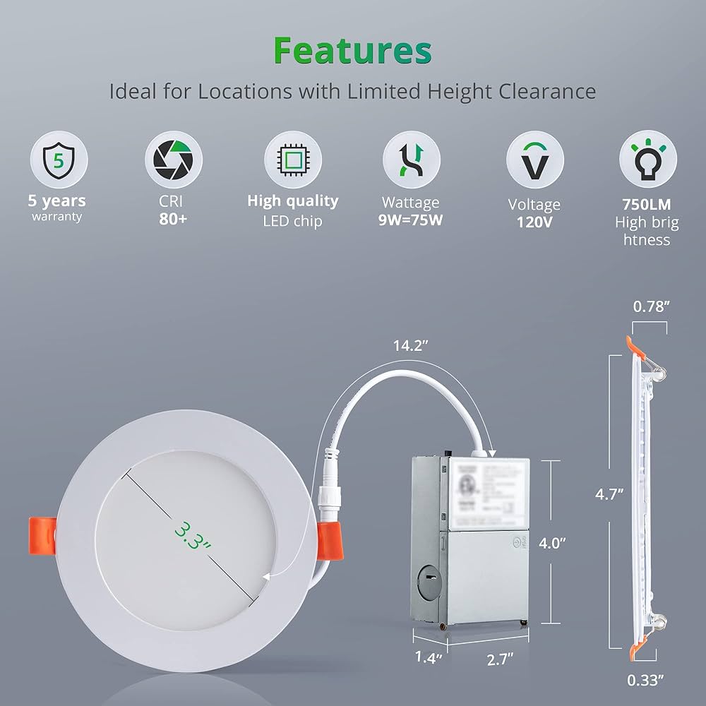 LEDIARY 20 Pack 4 Inch 6CCT Ultra-Thin LED Recessed Ceiling Light with Junction Box, 2500K-5000K Selectable Recessed Light Fixtures, 750LM, 9W Eqv 75W, Dimmable Can Lights - IC Rated, ETL