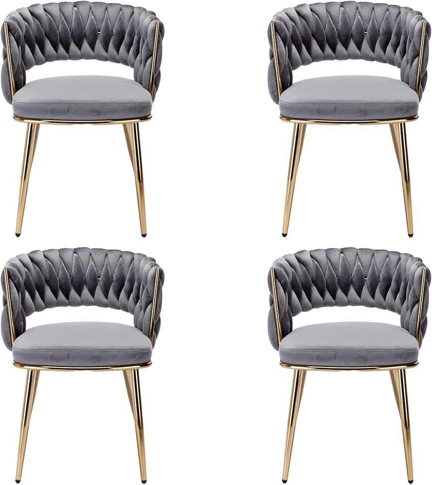 Velvet Dining Chairs Set of 2, Modern Side Chairs with Woven Back, Tufted Accent Chair with Comfortable Seat Sturdy Metal Golden Legs for Living Room, Kitchen, Bedroom, Light Grey