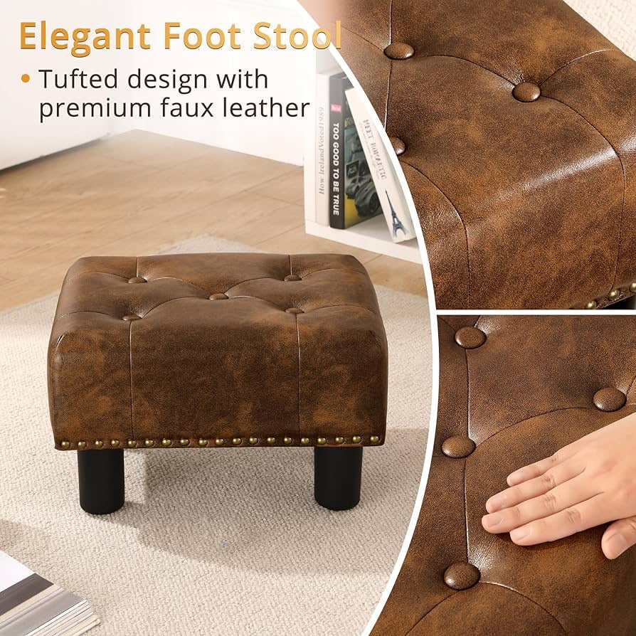 Small Tufted Foot Stool, Yellowish Brown Rivet Faux Leather Footrest with Plastic Legs, 9''H, Rectangle Foot Stools for Adult with Non-Slip Pads, Sofa Footstool for Living Room, Couch