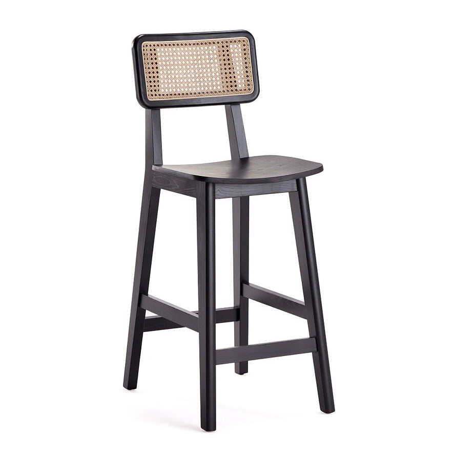 Manhattan Comfort Versailles Black & Natural Cane Counter Stool.Designer Modern Wood Bar Stool with Natural Cane Back 30”Height