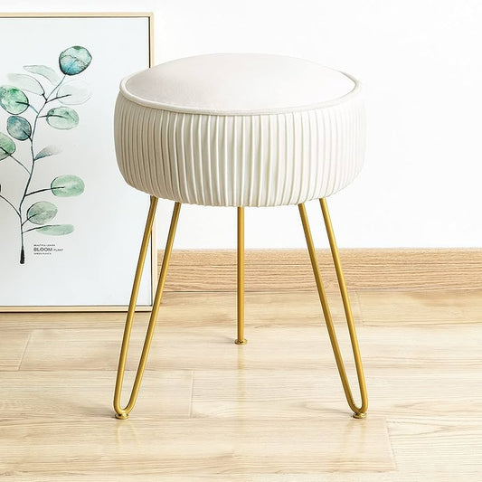 Pleated Vanity Stool, Velvet Upholstered Vanity Stool for Makeup Room, Round Mondern Stool for Vanity, Ottoman Footrest Stool with Metal Legs for Living Room, Bedroom, Beige