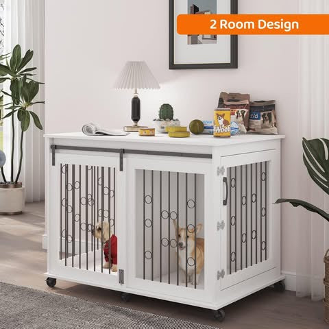 Large Dog Crate Furniture with Sliding Barn Door, 43.7" Wooden Dog Kennel End Table with Wheels and Flip-top Plate Dog House with Detachable Divider for Small/Medium/Large Dog (White)