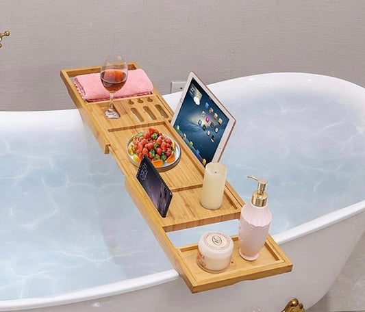 Bathtub Expandable Bamboo Tray, with Book Holder,Soap Dish, Wine Glass Slot