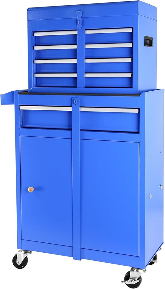 Blue Rolling Tool Chest, 5-Drawer Rolling Tool Storage Cabinet with Detachable Top Tool Box for Garage Workshop, Anti-Slip Liner, 2 Lockable Wheels, Adjustable Shelf, Locking Mechanism