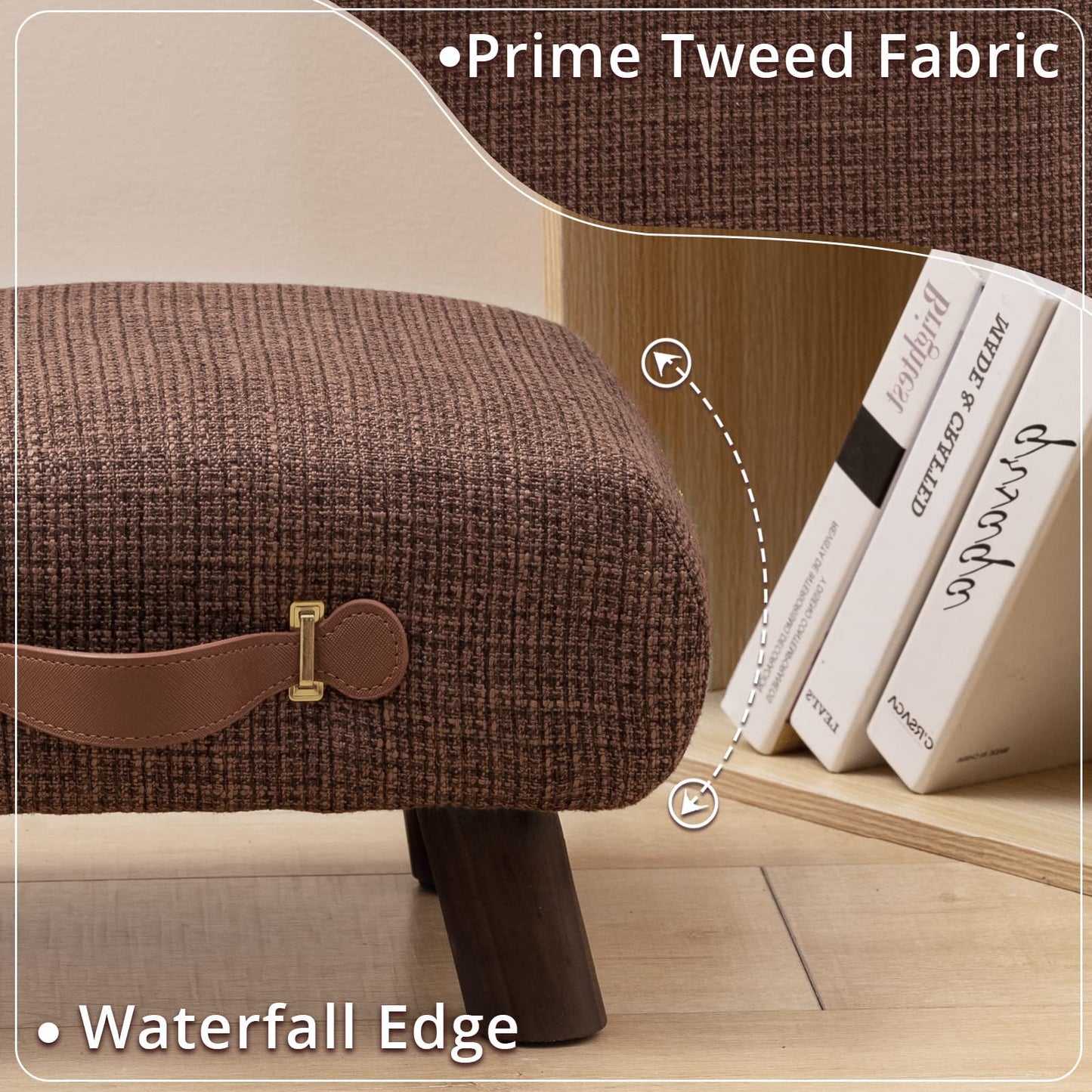 Foot Stool with Handle, Brown Footstool Elegant Small Foot Stool Rest with Wooden Legs, 9''H, Rectangle Fabric Foot Stools for Adults with Waterfall Edge, Ottoman for Living Room, Desk, Bedroom, Couch