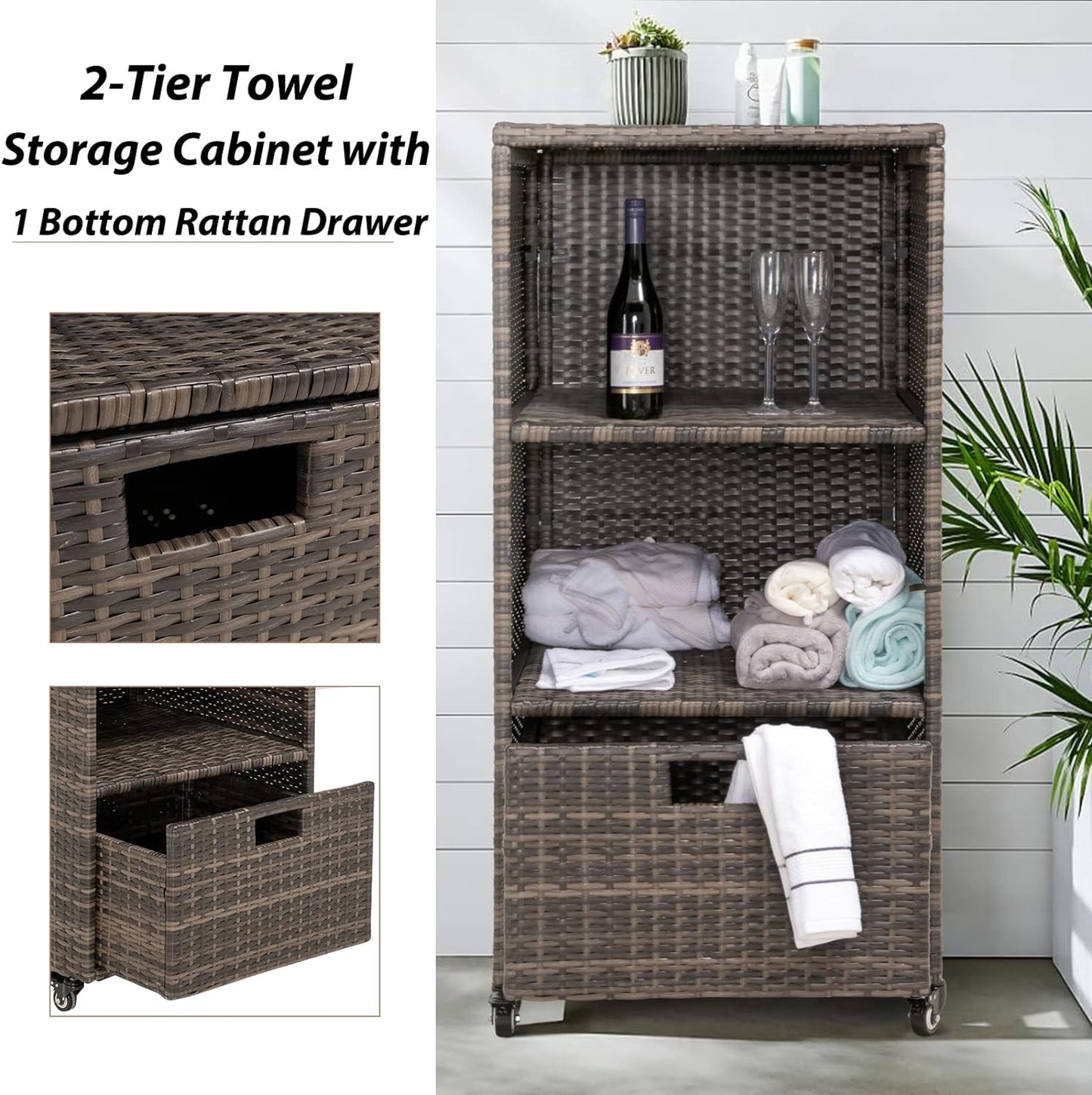 Outdoor Towel Cabinet, Pool Accessories Storage Organizer, Waterproof PE Rattan Wicker Shelf
