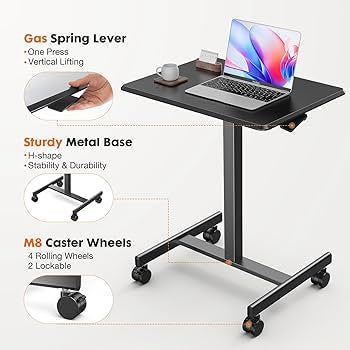 Mobile Small Stading Desk - Sit Stand Desk, Portable Rolling Laptop Desk with Lockable Wheels, Computer Workstations, Adjustable Height