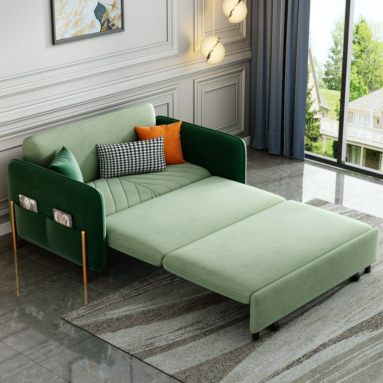 53.5" Full Sleeper Sofa Green Upholstered Convertible Sofa Bed 3 in 1 Sleeper Sofa Couch Bed, Small Tufted Velvet Convertible Loveseat Futon Sofa w/Pullout Bed, Multi-Pockets for Living Room