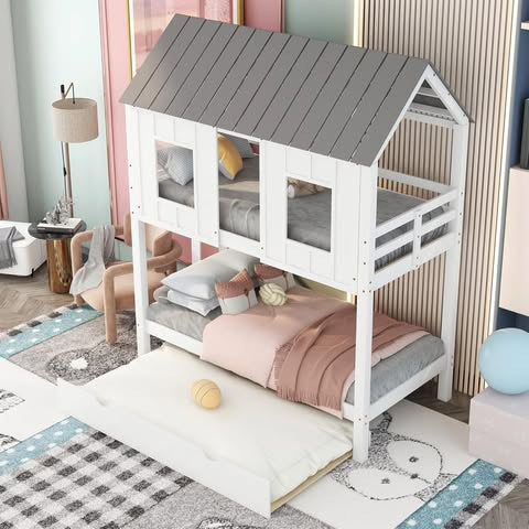 Quarte Twin Over Twin House Bunk Bed with Slide and Windows, Wood Low Bunk Bed with Ladder and Guardrails,Designed for Toddlers/Kids/Teens/Girls/Boys