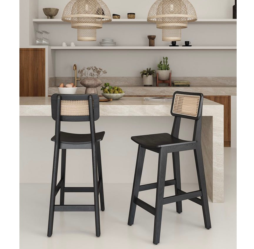 Manhattan Comfort Versailles Black & Natural Cane Counter Stool.Designer Modern Wood Bar Stool with Natural Cane Back 30”Height