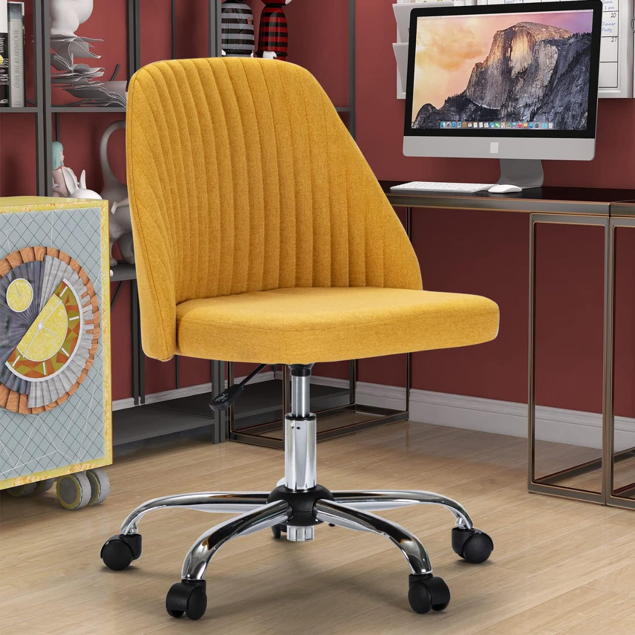 Home Office Chair, Mid-Back Armless Twill Fabric Adjustable Swivel.