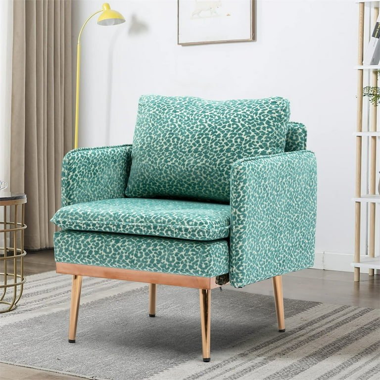 Living Room Accent Chair, Upholstered Chaise Lounge Chair with Armrest, Comfy Single Sofa Chair Reading Chair with Metal Feet for Home, Office, Apartment, Leopard Teal