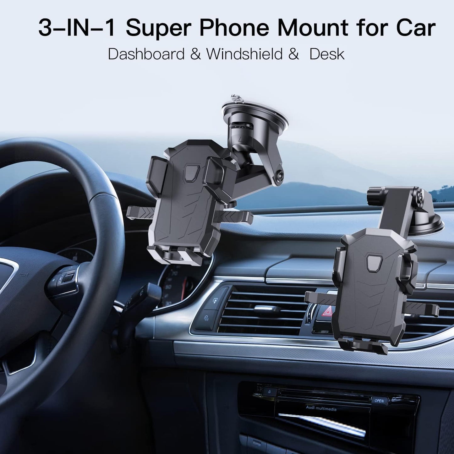 Phone Mount for Car Dashboard & Windshield Hands Free, Cell Phone Holder with Super Suction Cup and Long Arm