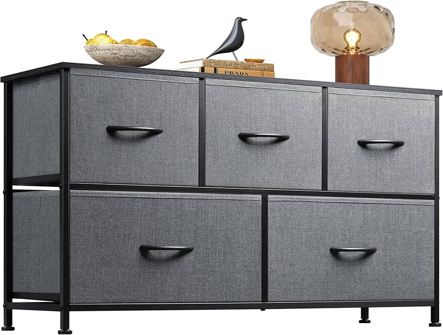 Dresser for Bedroom with 5 Drawers, Wide Chest of Drawers, Fabric Dresser, Storage Organizer Unit with Fabric Bins for Closet, Living Room, Hallway