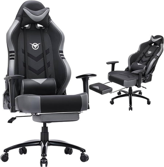 G and eTall Gaming Chair with Footrest 350lbs-Racing Computer Gamer Chair.Grey