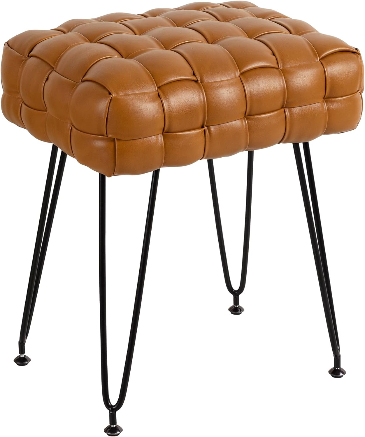 Faux Leather Vanity Stool, Upholstered Make up Bench, Rectangle Ottoman Foot Stool, Tufted Footrest Stool Makeup Stool with Silver Chrome Legs for Living Room, Dressing Room, Whisky Brown