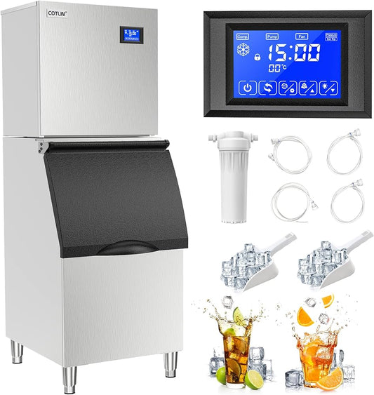 Commercial Ice Maker Machine 300LBS/24H with 300LBS Large Storage Bin, 22'' Air Cooled Clear Cubed