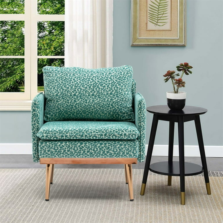 Living Room Accent Chair, Upholstered Chaise Lounge Chair with Armrest, Comfy Single Sofa Chair Reading Chair with Metal Feet for Home, Office, Apartment, Leopard Teal