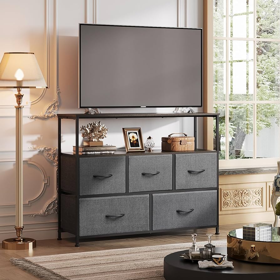 Multi-Purpose Dresser TV Stand with 5 Drawers, Open Shelves & Steel Frame for Bedroom, Living Room
