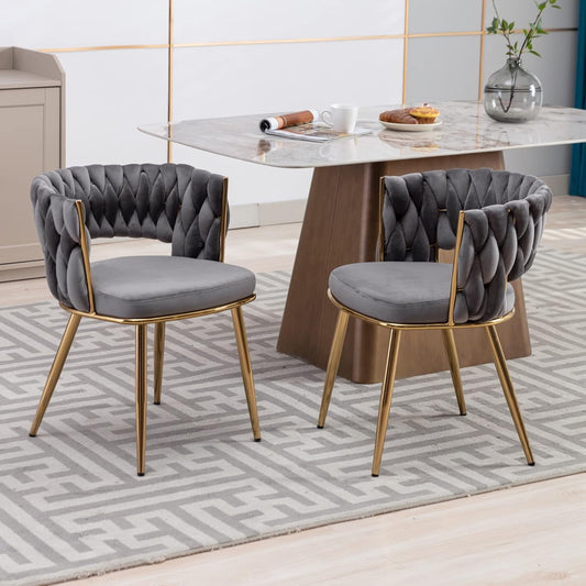 Velvet Dining Chairs Set of 2, Modern Side Chairs with Woven Back, Tufted Accent Chair with Comfortable Seat Sturdy Metal Golden Legs for Living Room, Kitchen, Bedroom, Light Grey