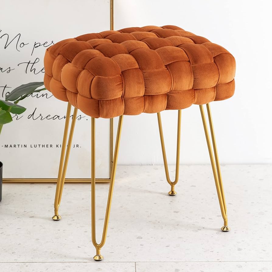 Velvet Vanity Stool, Rectangle Ottoman, Upholstered Make up Foot Stool with Gold Metal Legs and Padded Seat, Modern Footstool for Living Room, Bedroom,Dressing Room, Pumpkin Brown